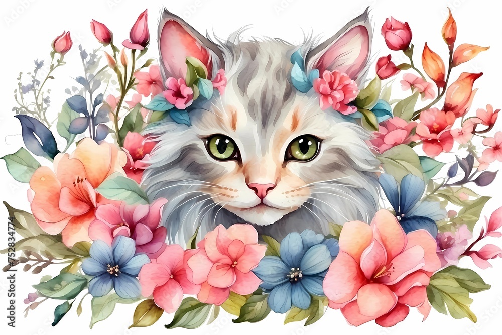 Fototapeta Cat with flowers 