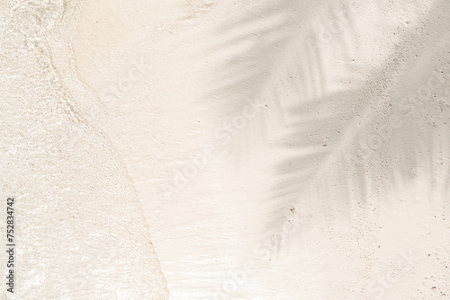Palm leaf shadow on sand beach background with sun glitter on water surface