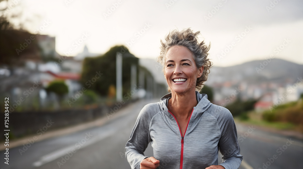 Portrait of happy mature woman running on road in front of houses. Generative AI