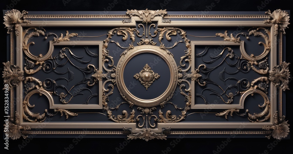 baroque style gold framing artistry on black background - obrazy, fototapety, plakaty 