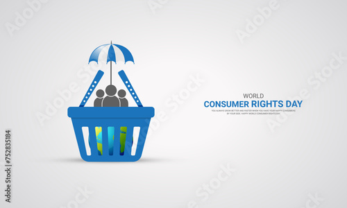 World Consumer Rights Day, consumer with world map icon, design for socail medai banner, poster. photo