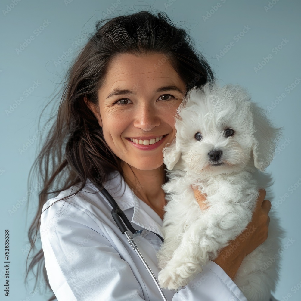 A female veterinarian in medical clothing with a stethoscope holds a dog, a maltipoo puppy, in her arms. Female doctor looking at the camera, smiling confidentially isolated on a blue background A female veterinarian in medical clothing with a stethoscope holds a dog, a maltipoo puppy, in her arms. Female doctor looking at the camera, smiling confidentially isolated on a blue background