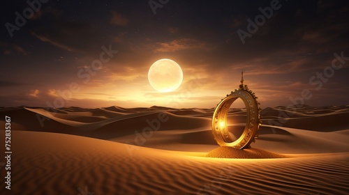 Illuminated arabic lantern resting against golden crescent moon on desert sand dune: 3d render depicting islamic religious symbolism