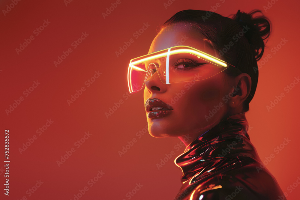 Close-up of a female in a shiny latex suit and neon glasses, evoking a futuristic, cyberpunk feel in a red ambiance Close-up of a female in a shiny latex suit and neon glasses, evoking a futuristic, cyberpunk feel in a red ambiance
