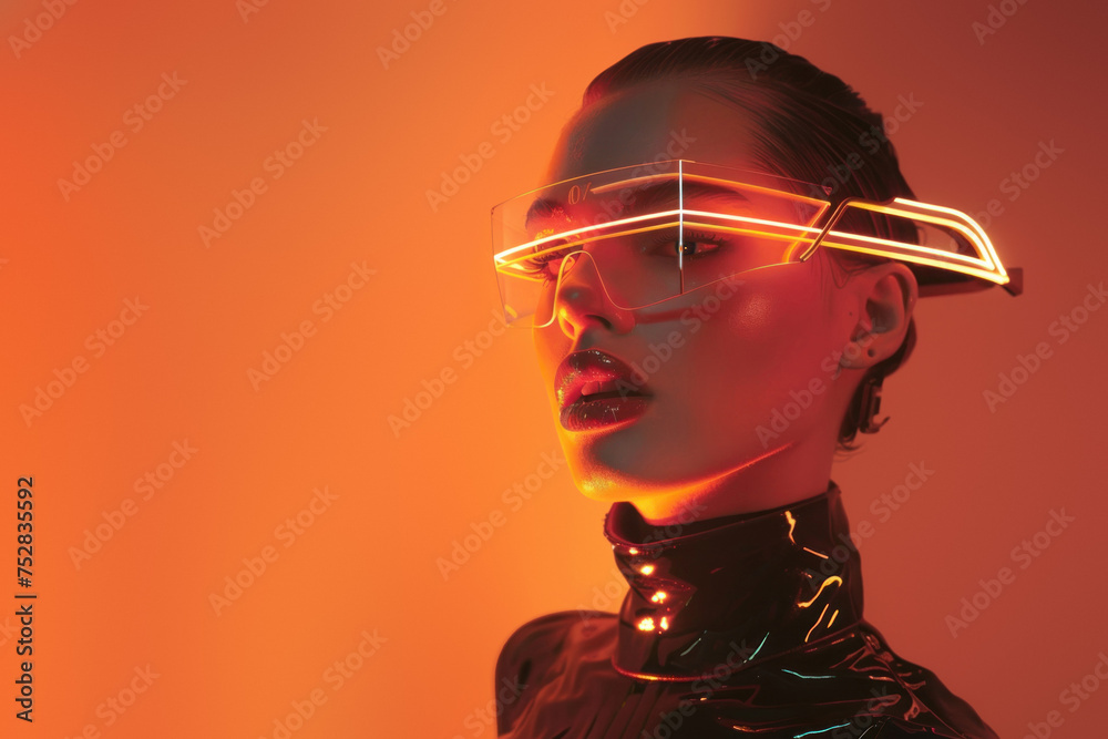 Mysterious silhouette with sleek futuristic accessories against a backdrop of warm colored illumination