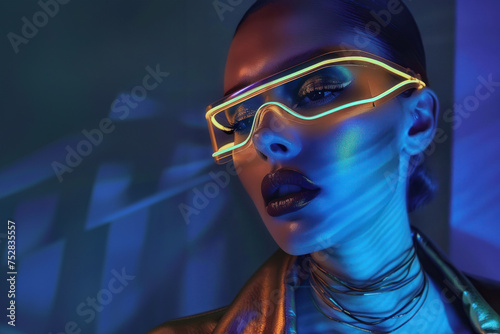 The image portrays a cyberpunk-inspired figure with striking blue neon lights accentuating the dark atmosphere