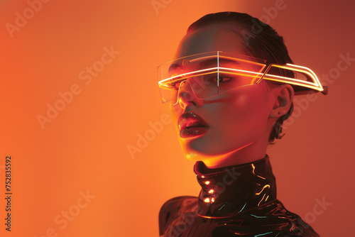 Mysterious silhouette with sleek futuristic accessories against a backdrop of warm colored illumination © Fxquadro