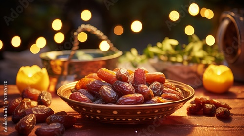 Exquisite ramadan decoration: bowl of dates with stunning bokeh background

