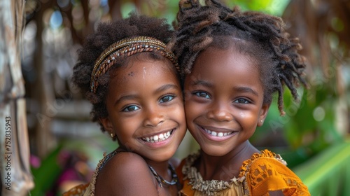 Two African children smiling and hugging in traditional outfits.