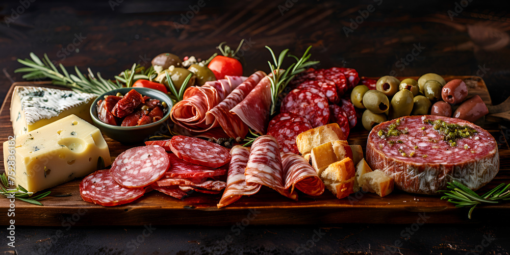 Rustic prosciutto plate with smoked meat variation generated by AI ,Delightful Charcuterie Board with Prosciutto and Smoked Meats ,Artisanal Prosciutto Platter with Assorted Smoked Meats - obrazy, fototapety, plakaty 