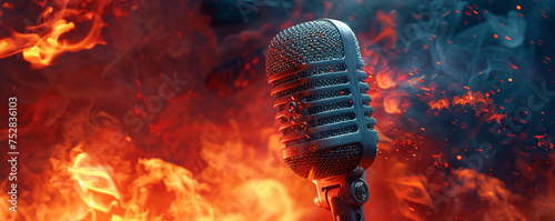 a microphone or speaker with red and orange flames for dynamic and powerful audio production services as wide banner with copy space area