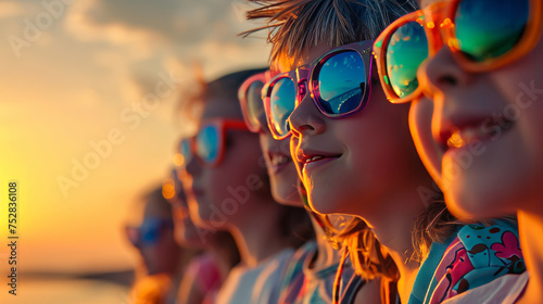 Group of young boys and girls kids wearing sunglasses looking at sunset during summer time