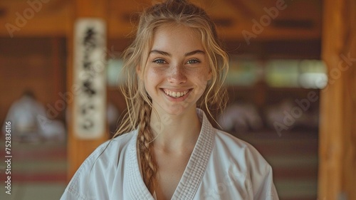 a dojo in the distance and a happy girl wearing a karate gi in a fighting position