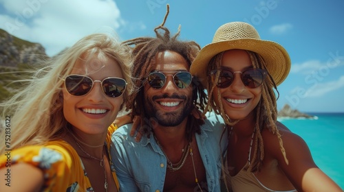 Three friends with sunglasses at a tropical beach, smiling at the camera.