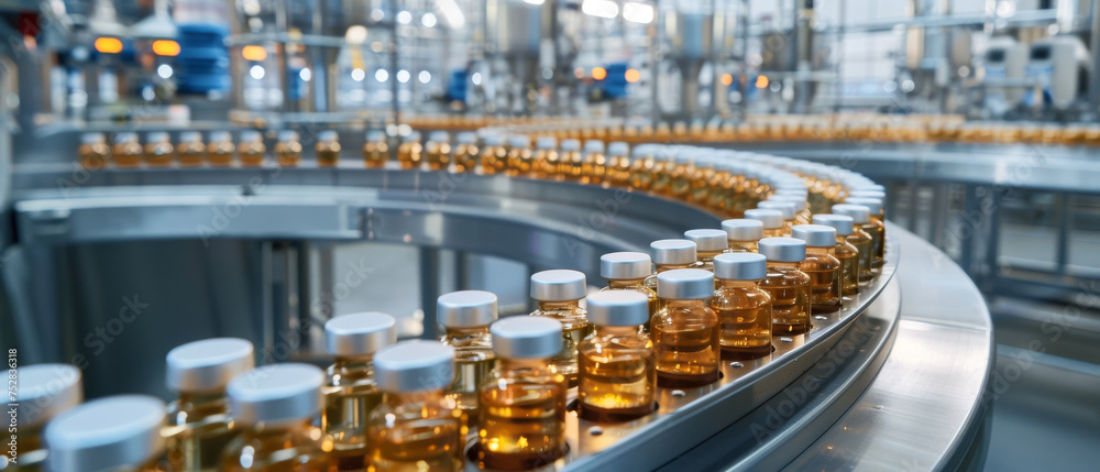 Automated Production Line in a Pharmaceutical Factory with Glass Vials Automated Production Line in a Pharmaceutical Factory with Glass Vials