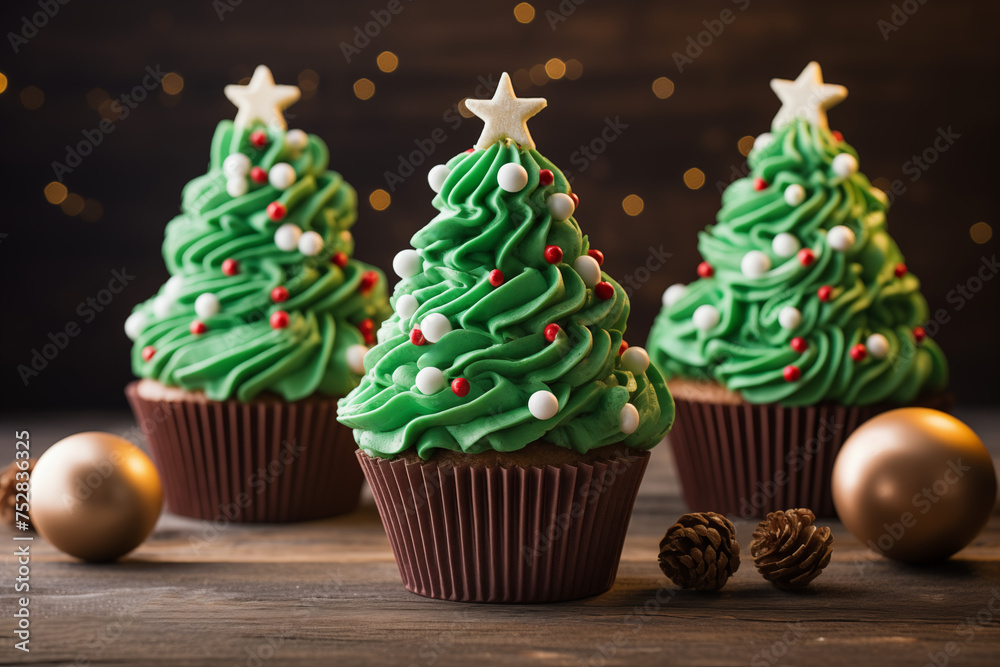 cupcakes en forme de sapins de Noël. gâteaux américains avec glaçage royale vert monté à la poche à douille, surmonté d'une étoile blanche en sucre et de perles de sucre en guise de boules de Noël.  - obrazy, fototapety, plakaty 