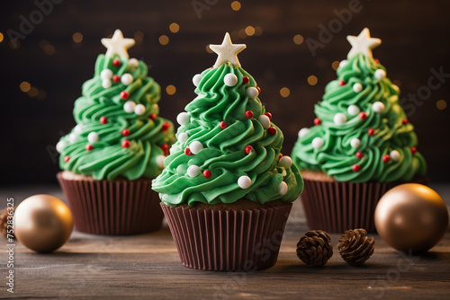 cupcakes en forme de sapins de Noël. gâteaux américains avec glaçage royale vert monté à la poche à douille, surmonté d'une étoile blanche en sucre et de perles de sucre en guise de boules de Noël. 