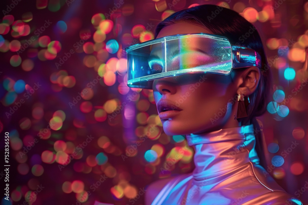 A stylish woman donning a futuristic visor against a backdrop filled with soft neon bokeh A stylish woman donning a futuristic visor against a backdrop filled with soft neon bokeh