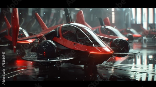 Futuristic red hovercars in a showroom setting. photo