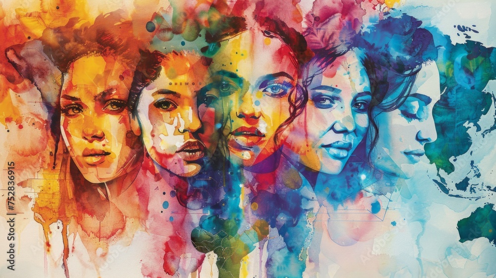 A vibrant watercolor banner for International Women's Day, featuring diverse female faces
