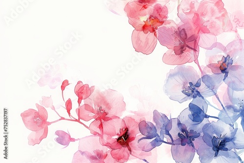 watercolor white background with transparent flowers,A delicate display of pink and white flowers with transparent petals, elegantly suspended against a stark white background..