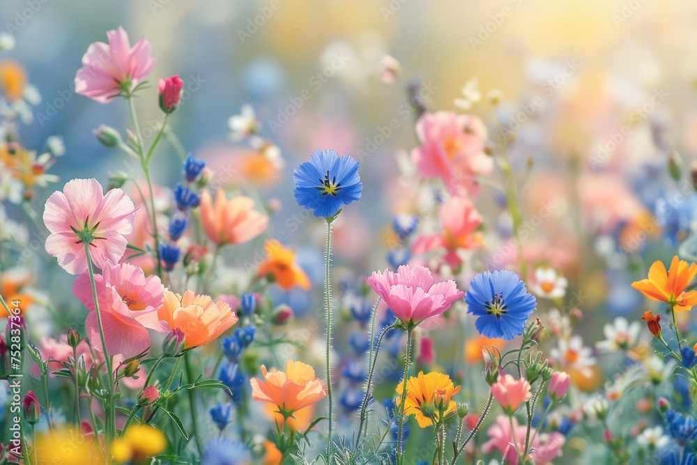 flowers in the spring field,  field unfolds a natural floral design, as wild cosmos and poppies intermingle, creating a living impressionist backgrpund with the bright hues of springtime
