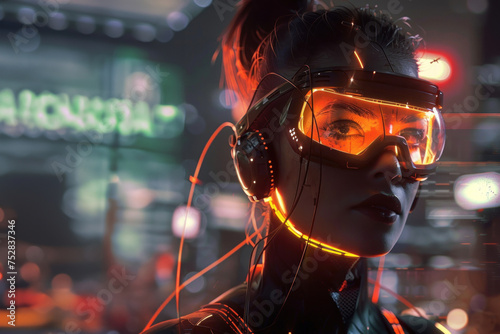 In a vibrant cyber cityscape, a gamer with a futuristic headset immerses in the virtual world with vivid neon lighting