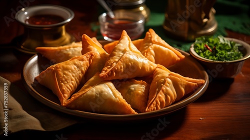 Savoring the flavor: mouthwatering plate of traditional samosas, celebrating culture and cuisine

 photo