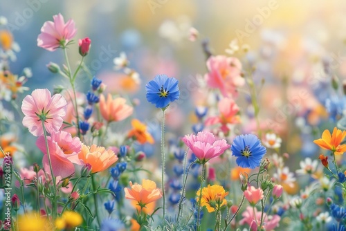 flowers in the spring field, field unfolds a natural floral design, as wild cosmos and poppies intermingle, creating a living impressionist backgrpund with the bright hues of springtime