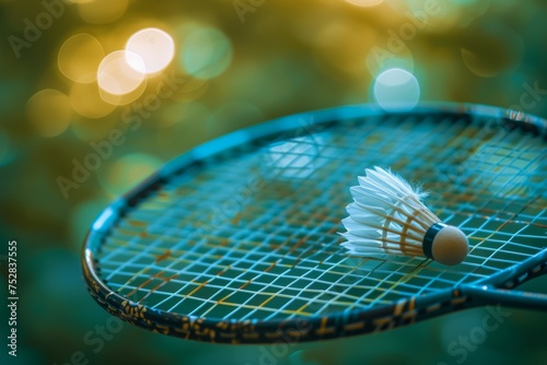 Detailed view of a badminton racket with a shuttlecock placed on it, ready for a game © artem