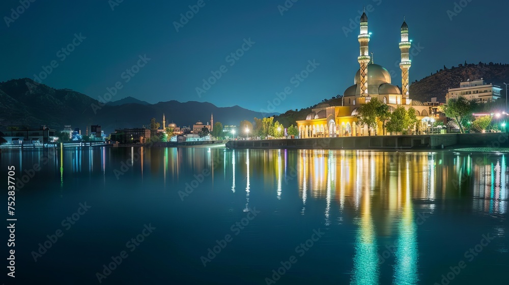 Serene river reflecting glowing mosque lights, evoking ramadan mubarak spirit

