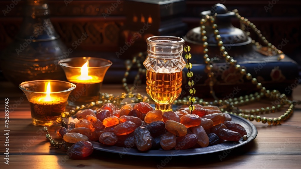 Exquisite ramadan still life: aladdin lamp, prayer beads, glass, and dates on wooden table

