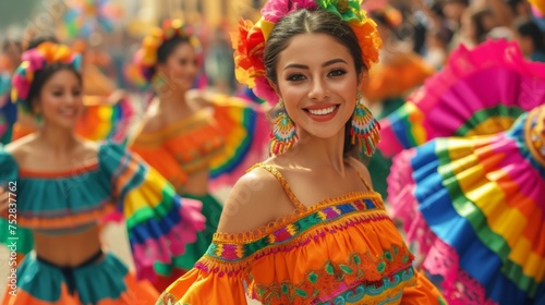 A group of women wearing vibrant dresses are joyfully dancing together