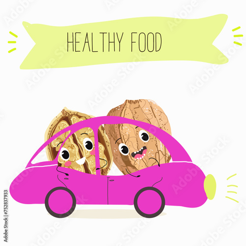 Cute  cartoon nut, walnut characters with different activities. Flat vector illustration, funny nuts. Organic food.