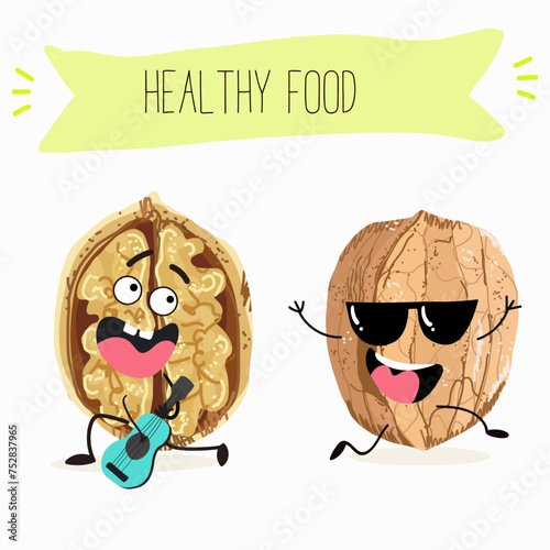 Cute  cartoon nut, walnut characters with different activities. Flat vector illustration, funny nuts. Organic food.