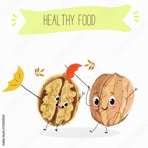Cute  cartoon nut, walnut characters with different activities. Flat vector illustration, funny nuts. Organic food.