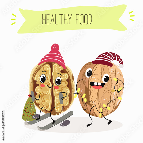 Cute  cartoon nut, walnut characters with different activities. Flat vector illustration, funny nuts. Organic food.