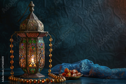 Aladdin lamp of wishes, dates, Muslim lantern and prayer beads for Ramadan on dark background 