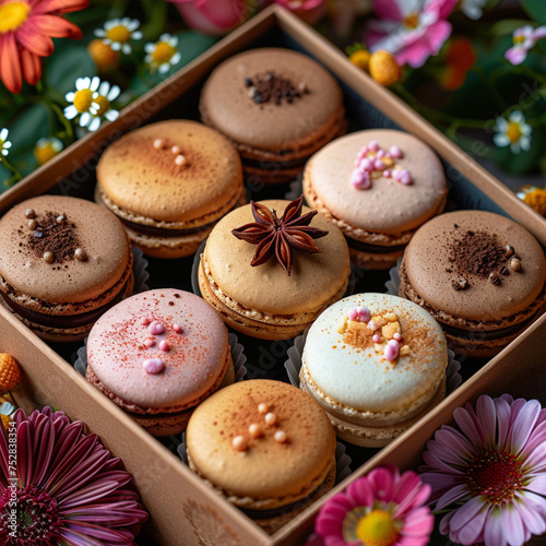 Colorful macaroons and flowers. Sweet macarons in gift box. Top view ai technology