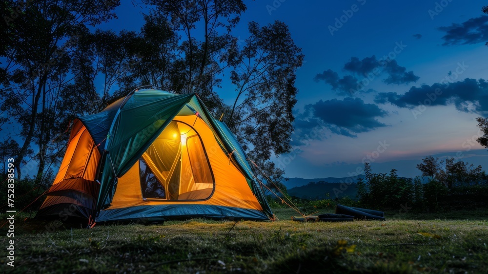 The outdoor camping tent is set on a grassy area. Illuminated by a warm glow at night under the blue sky at twilight.