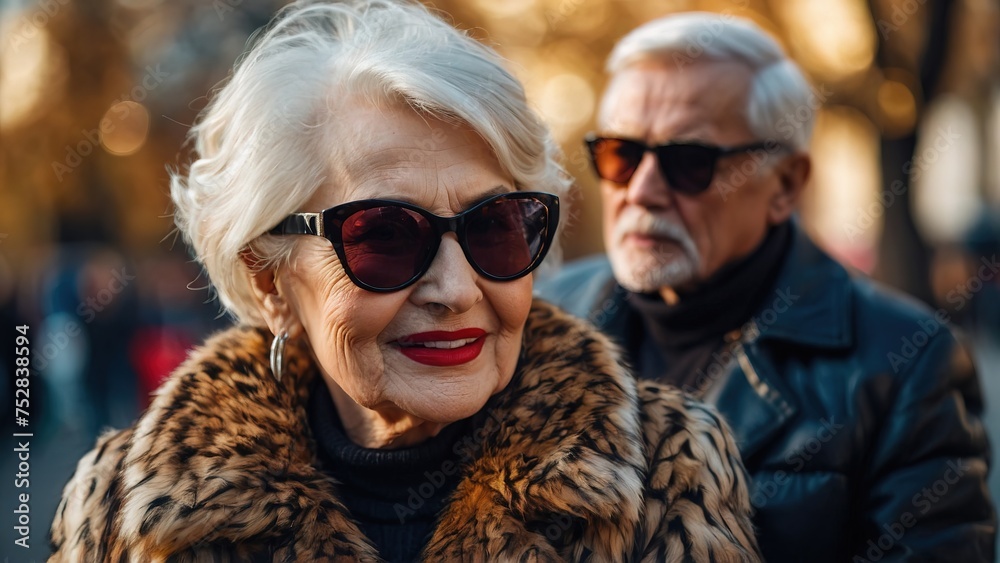 Elderly Woman and Elderly Man Exude Glamour in Furry Coats, sunglasses