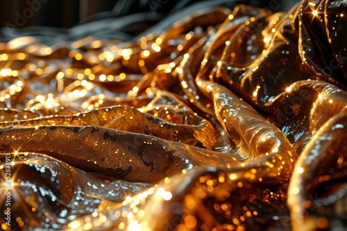 Luxury golden satin fabric with sparkles, closeup