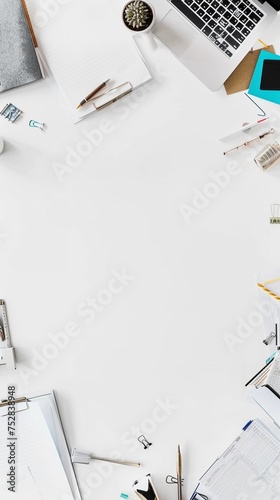 Overhead shot of a white working table filled with office documents folders