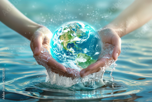 Graphic for World Water Day,hands holding earth as water flows over it