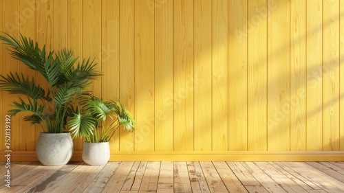 A yellow interior wall prepared for plants against a wooden background, creating a warm and inviting atmosphere. © wpw