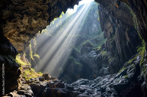 Sunbeams shining through a cave in the middle of the mountains