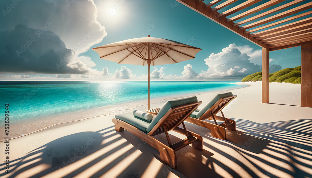 Plage tropicale de sable fin avec parasol et bains de soleil - obrazy, fototapety, plakaty 