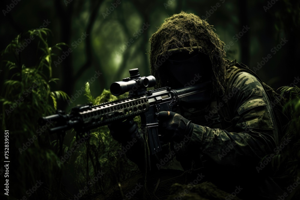Man in the jungle with a machine gun. Dark forest. Selective focus, tries to aim and make a shot from the machine gun, AI generated Man in the jungle with a machine gun. Dark forest. Selective focus, tries to aim and make a shot from the machine gun, AI generated