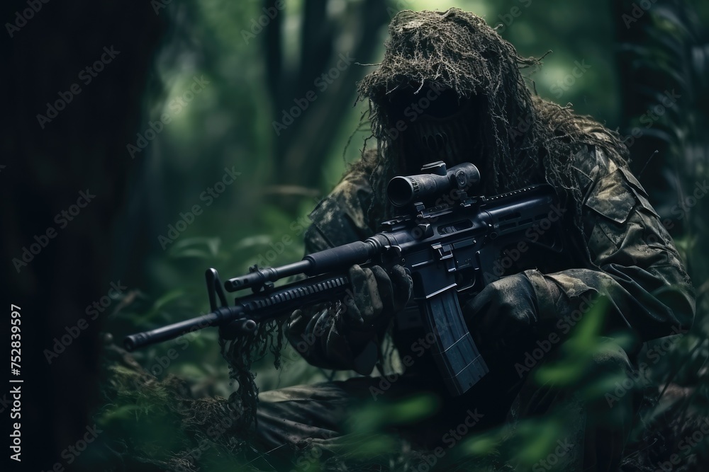 Man in the jungle with a machine gun. Dark forest. Selective focus, tries to aim and make a shot from the machine gun, AI generated Man in the jungle with a machine gun. Dark forest. Selective focus, tries to aim and make a shot from the machine gun, AI generated