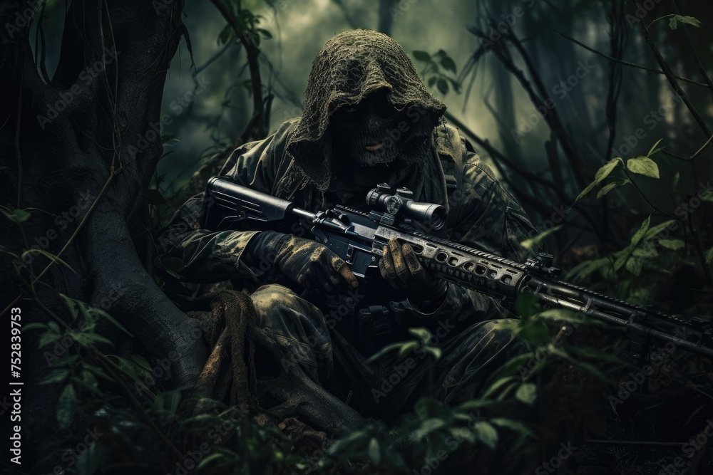 Man in the jungle with a machine gun. Dark forest. Selective focus, tries to aim and make a shot from the machine gun, AI generated